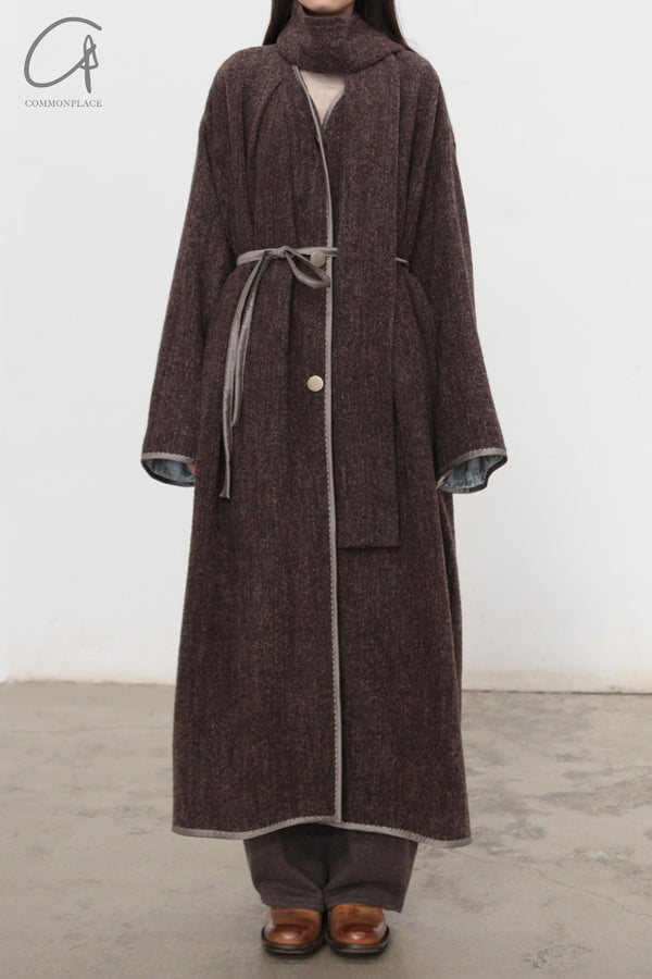 Mutedance 24 Autumn and Winter Collarless Belt Wool Coat MD-MD24FW39-BROWN